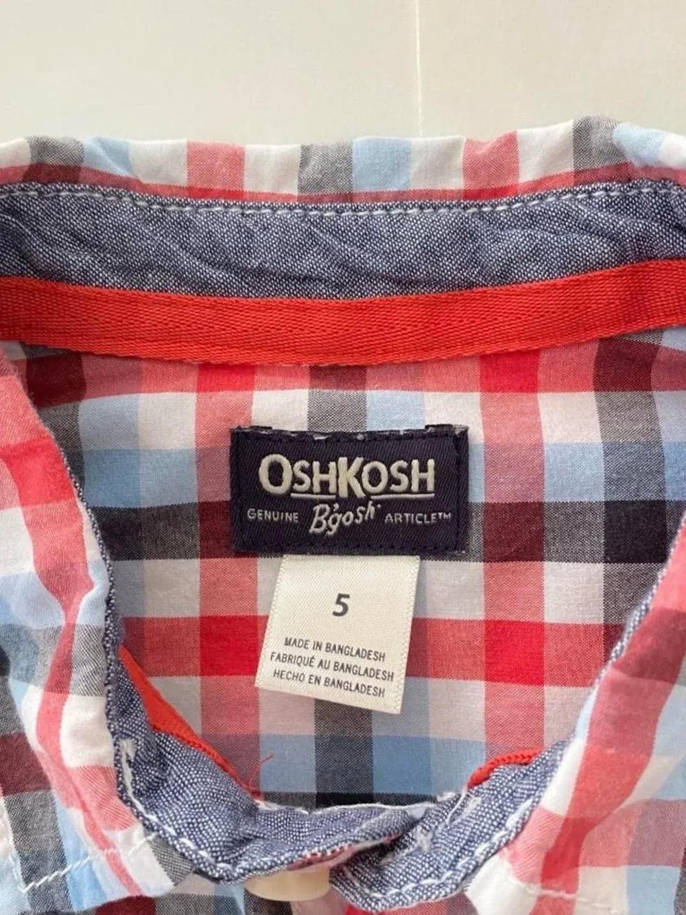 OshKosh B'gosh Red Blue White Plaid Button Down Shirt Long Sleeves Preppy Size 5